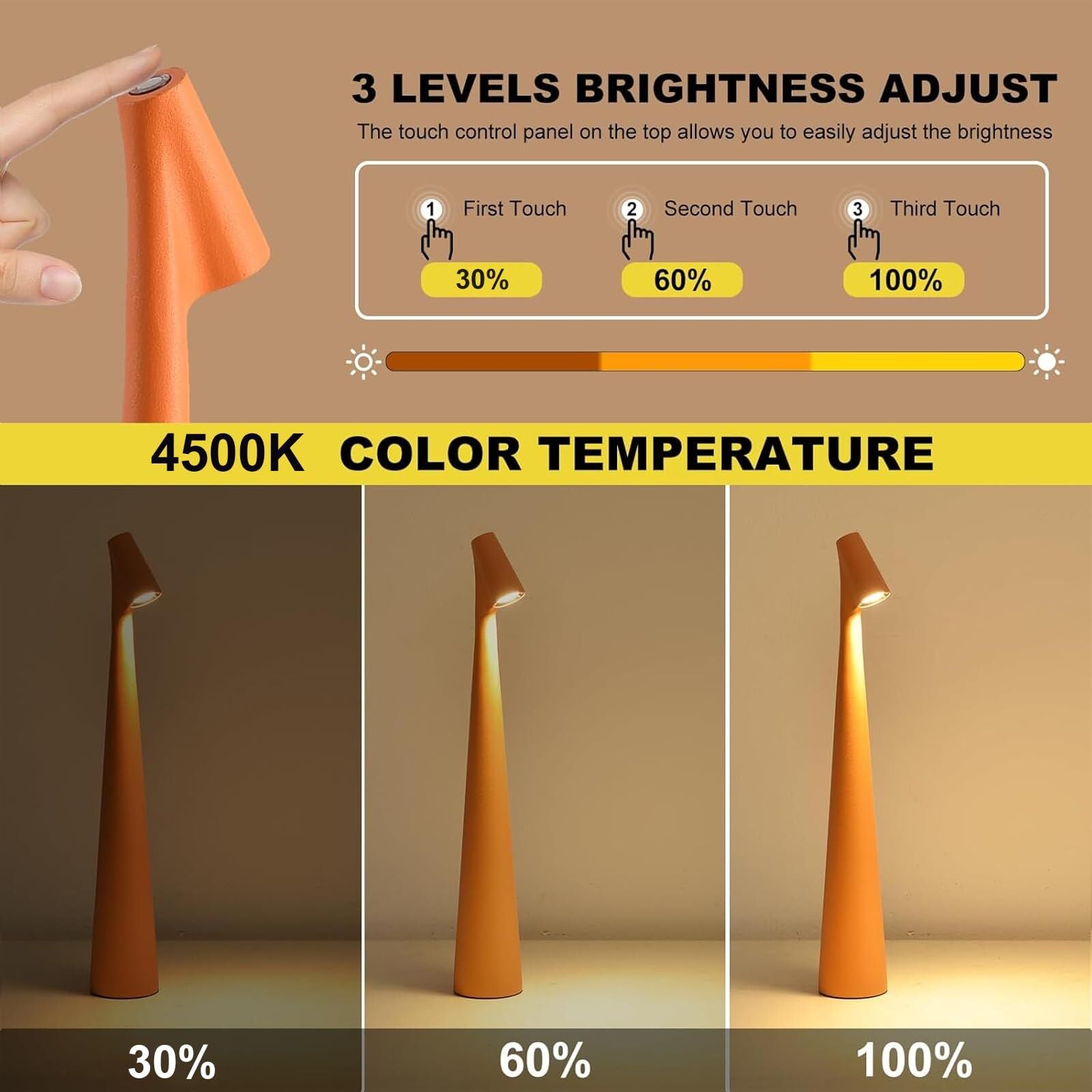 Portable LED Table Lamp 13.5" H – Touch Control, 3 Brightness Levels, Rechargeable Desk Light for Bedroom, Outdoor, Gift (Orange) | Other Colors Available in Store