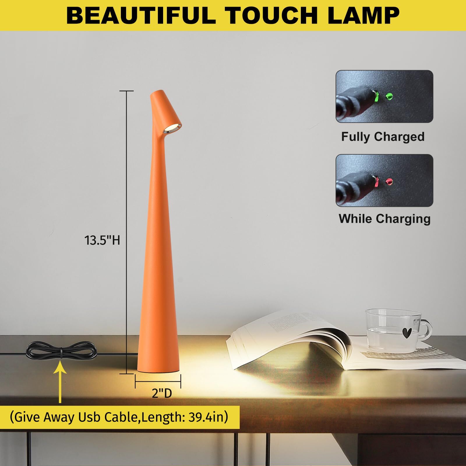 Portable LED Table Lamp 13.5" H – Touch Control, 3 Brightness Levels, Rechargeable Desk Light for Bedroom, Outdoor, Gift (Orange) | Other Colors Available in Store