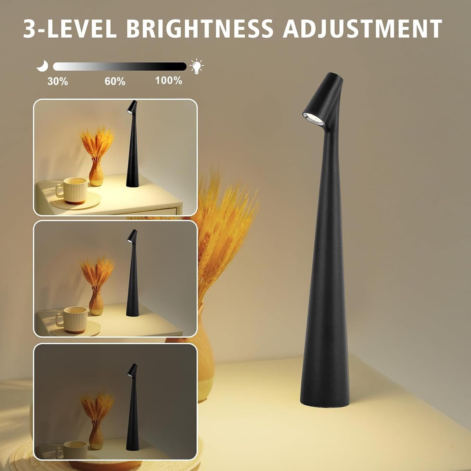 Portable LED Table Lamp 13.5" H – Touch Control, 3 Brightness Levels, Rechargeable Desk Light for Bedroom, Outdoor, Gift (Black) | Other Colors Available in Store