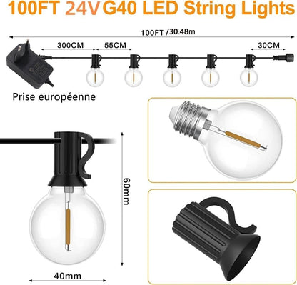 52 LED String Lights Waterproof G40 for Outdoor, 30m