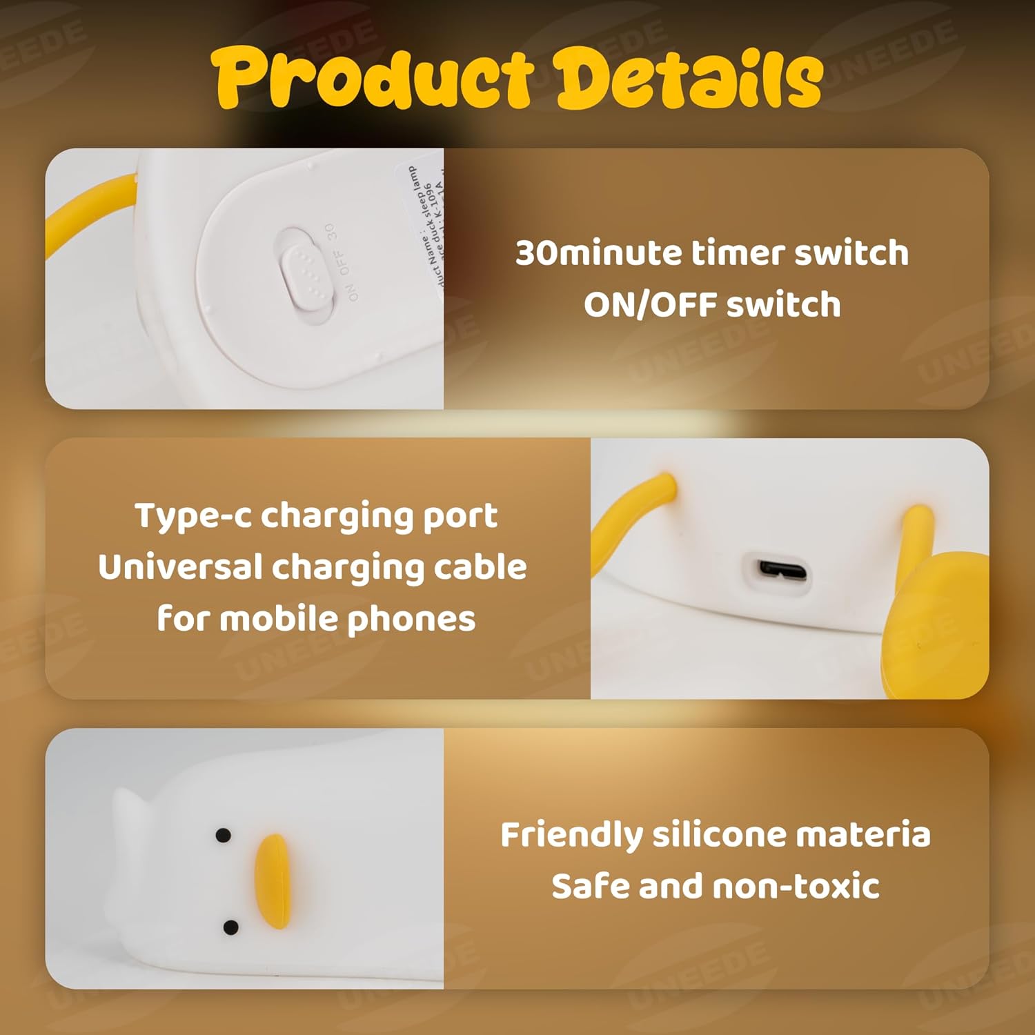 UENEEDE Lying Flat Duck Lamp, 3 Level Dimmable Rechargeable Silicone Night Light, Benson Duck Cute Squishy Touch Sensor Bedside Lamp for Nursery, Breastfeeding, Kids Room Decor