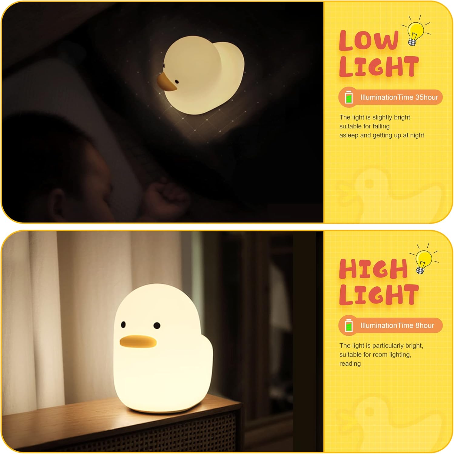 LED Duck Night Light, Cute Animal Silicone Nursery Night Light Rechargeable Table Lamp Bedside Lamp with Touch Sensor for Women Bedrooms, Livin