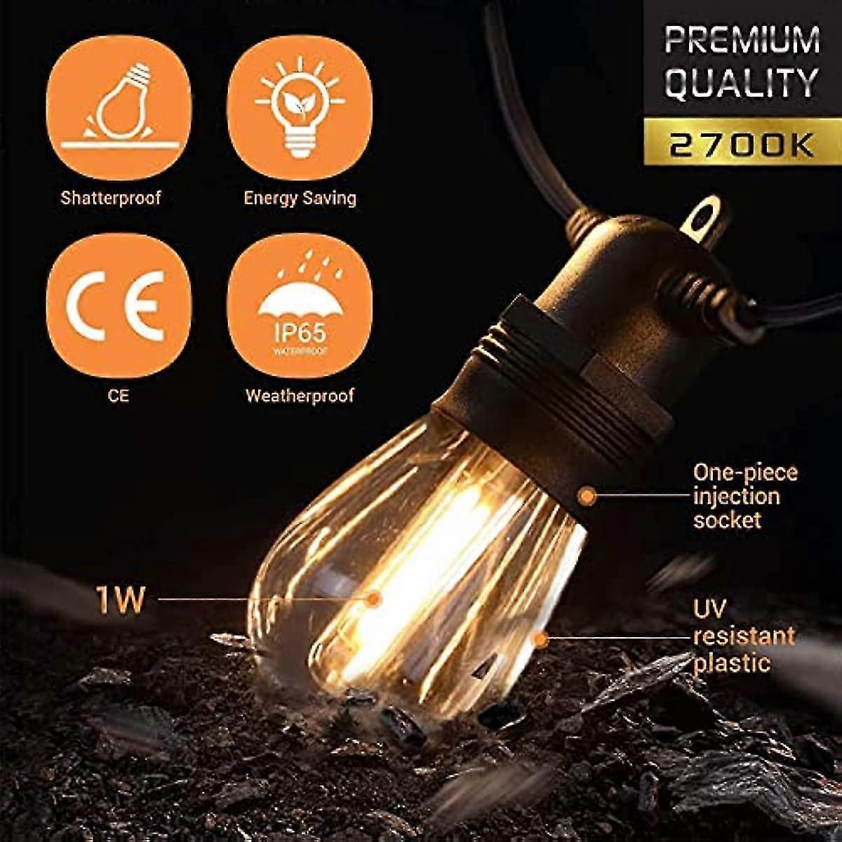 15M Outdoor Patio LED String Lights, IP65, S14 Bulbs, Expandable