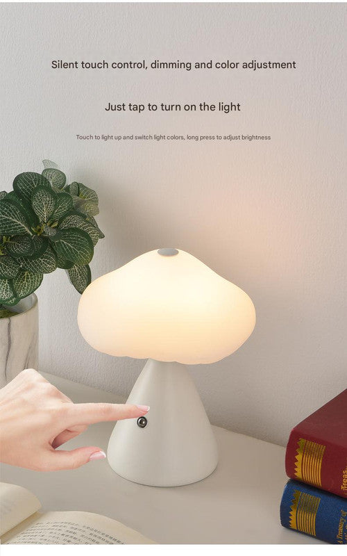 Black Mushroom LED Table Lamp - Rechargeable, 3-Color Touch Dimmable, USB-C