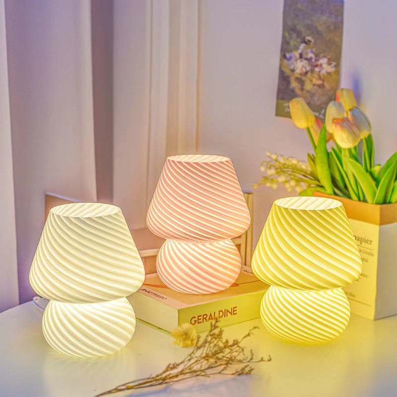 Yellow Retro Swirl Glass Mushroom Table Lamp - USB Powered 3-Level Dimmable Bedside Accent Light