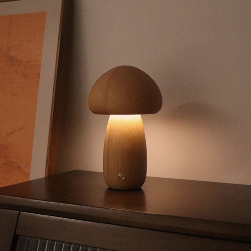 Dun-dun Model Brown Solid Wood Mushroom LED Table Lamp - Large