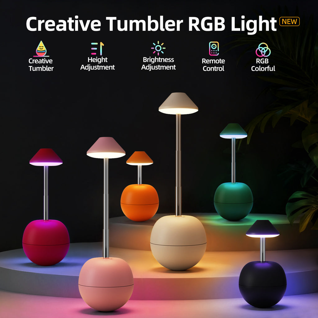 Green Creative Tumbler LED Night Light - Rechargeable RGB Desk Lamp with Remote Control - Height Adjustable, Brightness Adjustable, Bedside Ambient Light