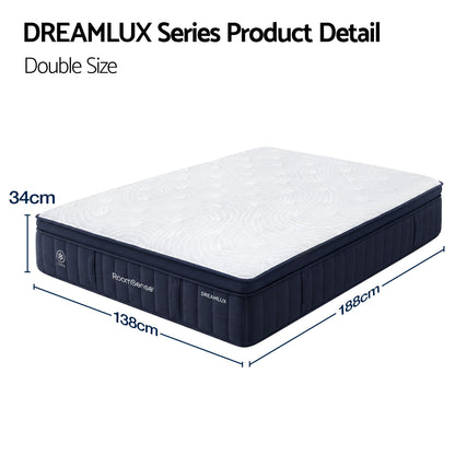 RoomSense Double Mattress, 34cm Thick Medium Firm Hybrid Mattress for Back Pain Relief, Tencel Cooling Pocket Spring Mattress in a Box