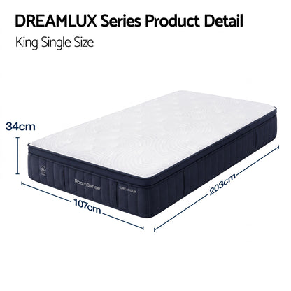 RoomSense King Single Mattress, 34cm Thick Medium Firm Hybrid Mattress for Back Pain Relief, Tencel Cooling Pocket Spring Mattress in a Box