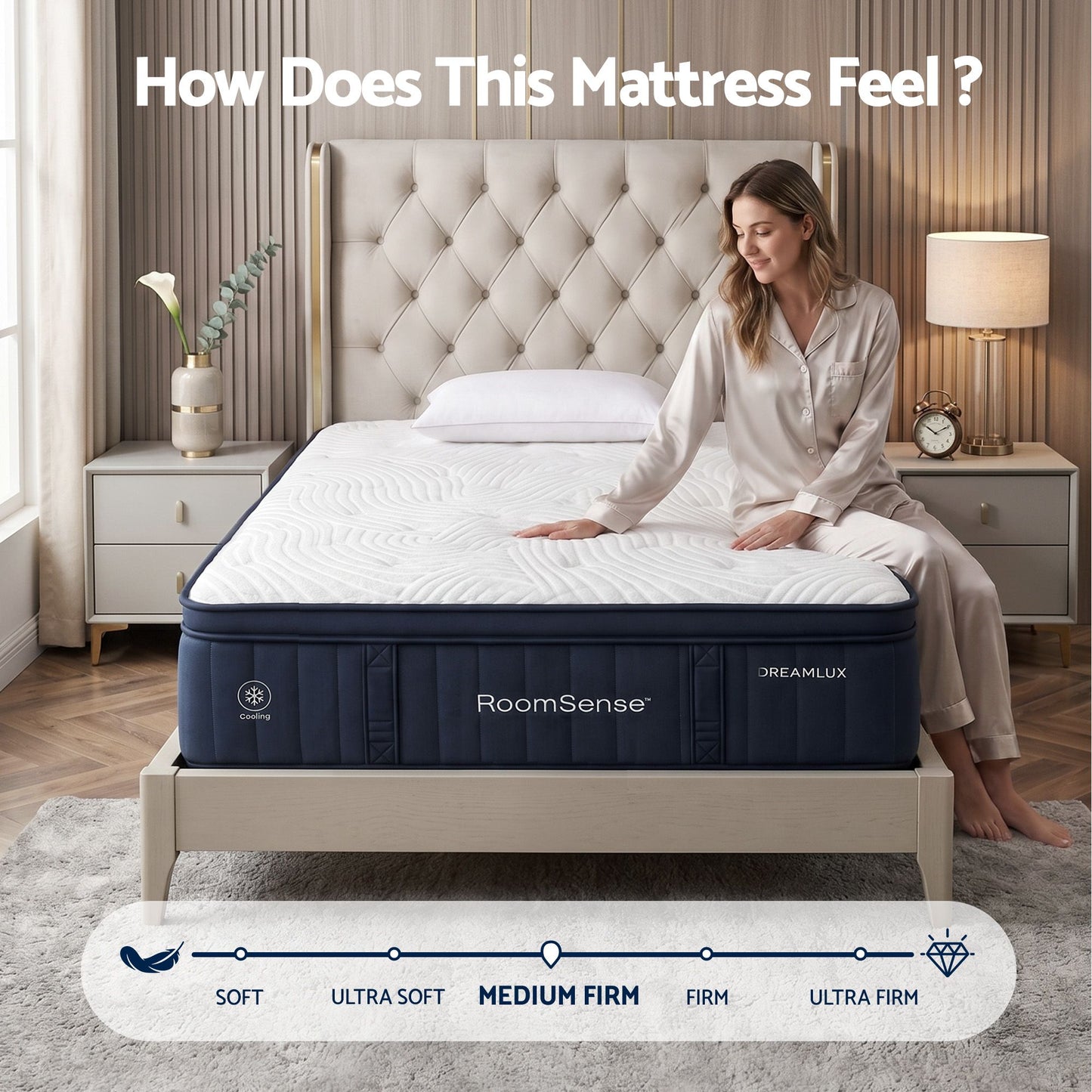 RoomSense King Single Mattress, 34cm Thick Medium Firm Hybrid Mattress for Back Pain Relief, Tencel Cooling Pocket Spring Mattress in a Box