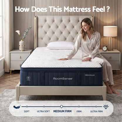 RoomSense Queen Mattress, 34cm Thick Medium Firm Hybrid Mattress for Back Pain Relief, Tencel Cooling Pocket Spring Mattress in a Box