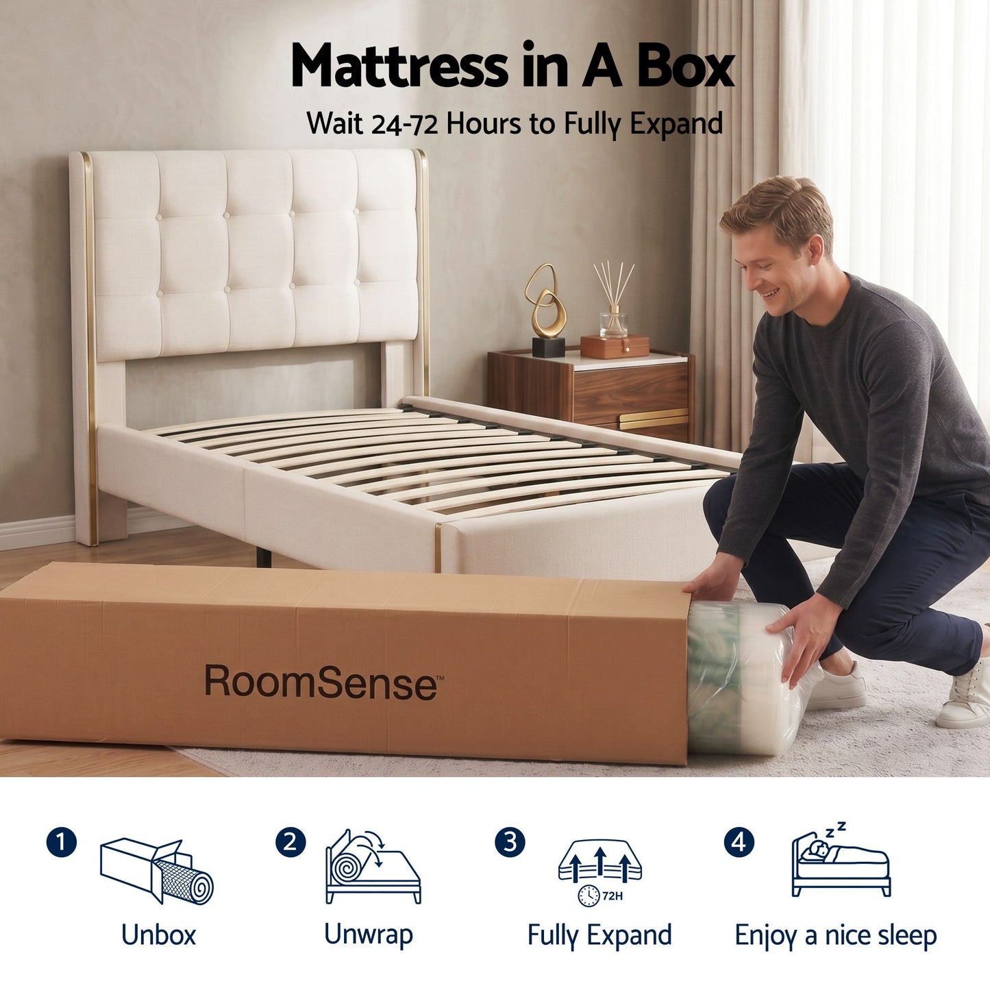 RoomSense Queen Mattress, 34cm Thick Medium Firm Hybrid Mattress for Back Pain Relief, Tencel Cooling Pocket Spring Mattress in a Box