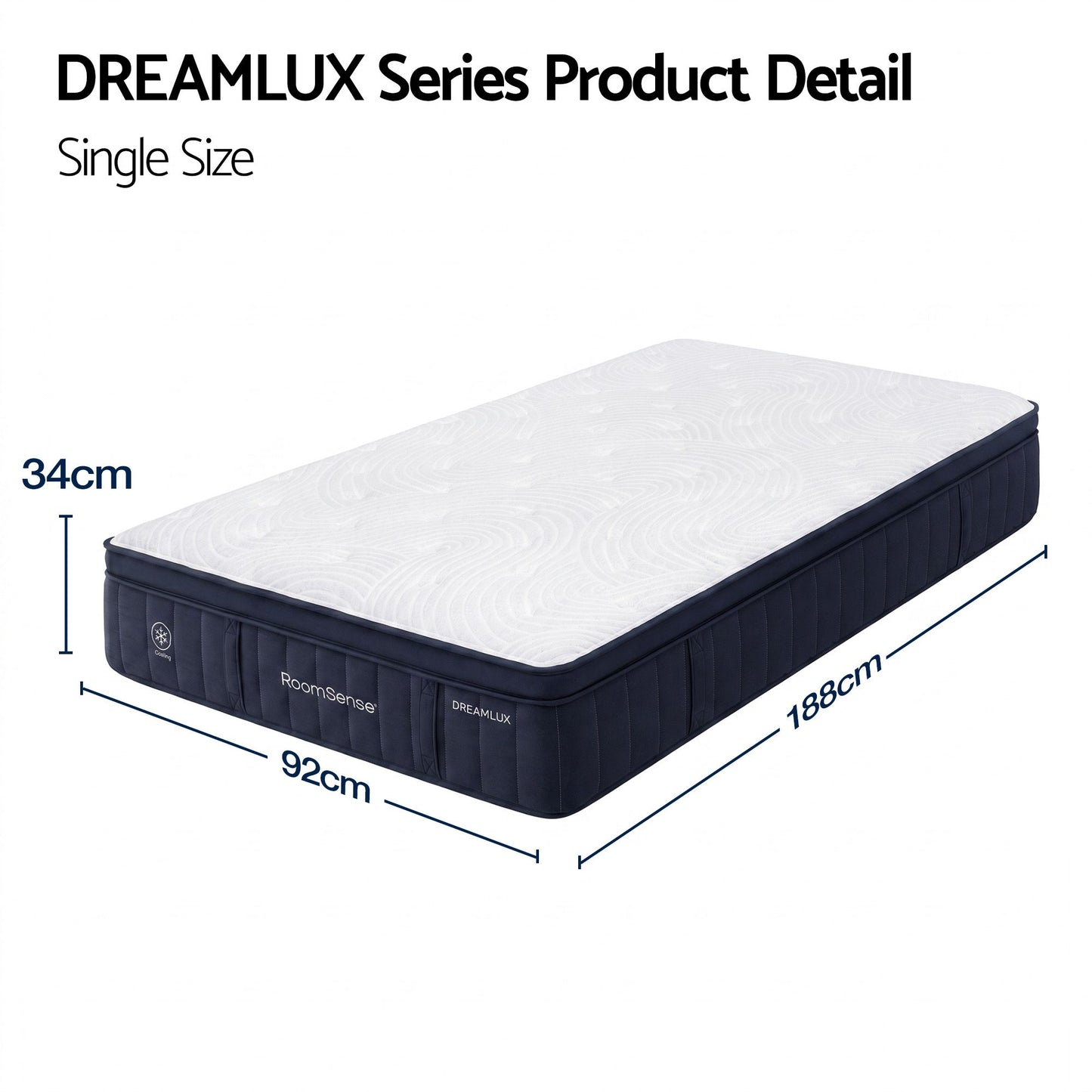 RoomSense Single Mattress, 34cm Thick Medium Firm Hybrid Mattress for Back Pain Relief, Tencel Cooling Pocket Spring Mattress in a Box