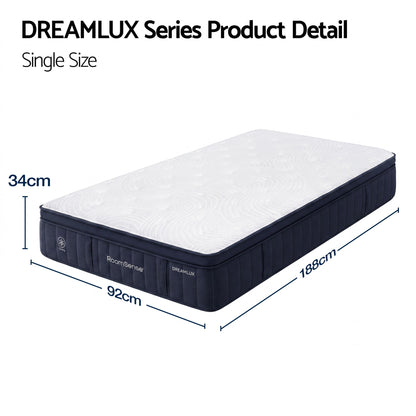 RoomSense Single Mattress, 34cm Thick Medium Firm Hybrid Mattress for Back Pain Relief, Tencel Cooling Pocket Spring Mattress in a Box